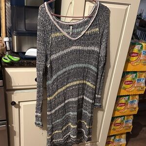 Free People Gray and Yellow Striped Long Sleeve Dress